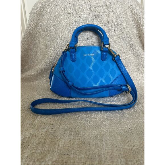 Vera Bradley Blue Leather Angled Bowler Ikat Diamond Satchel/Crossbody Purse - Picture 2 of 10